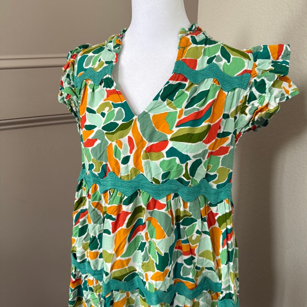 Umgee S Green Abstract Print Tiered Split Ruffle Neck Dress Ric Rac Trim Boho - Picture 3 of 6